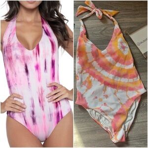 PilyQ Rare! Avery Ribbed Orange Sherbet Tie-Dye Halter One Piece Swimsuit Size S